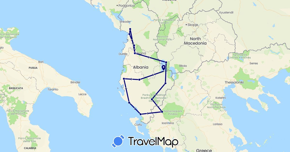 TravelMap itinerary: driving in Albania, Greece, Macedonia (Europe)